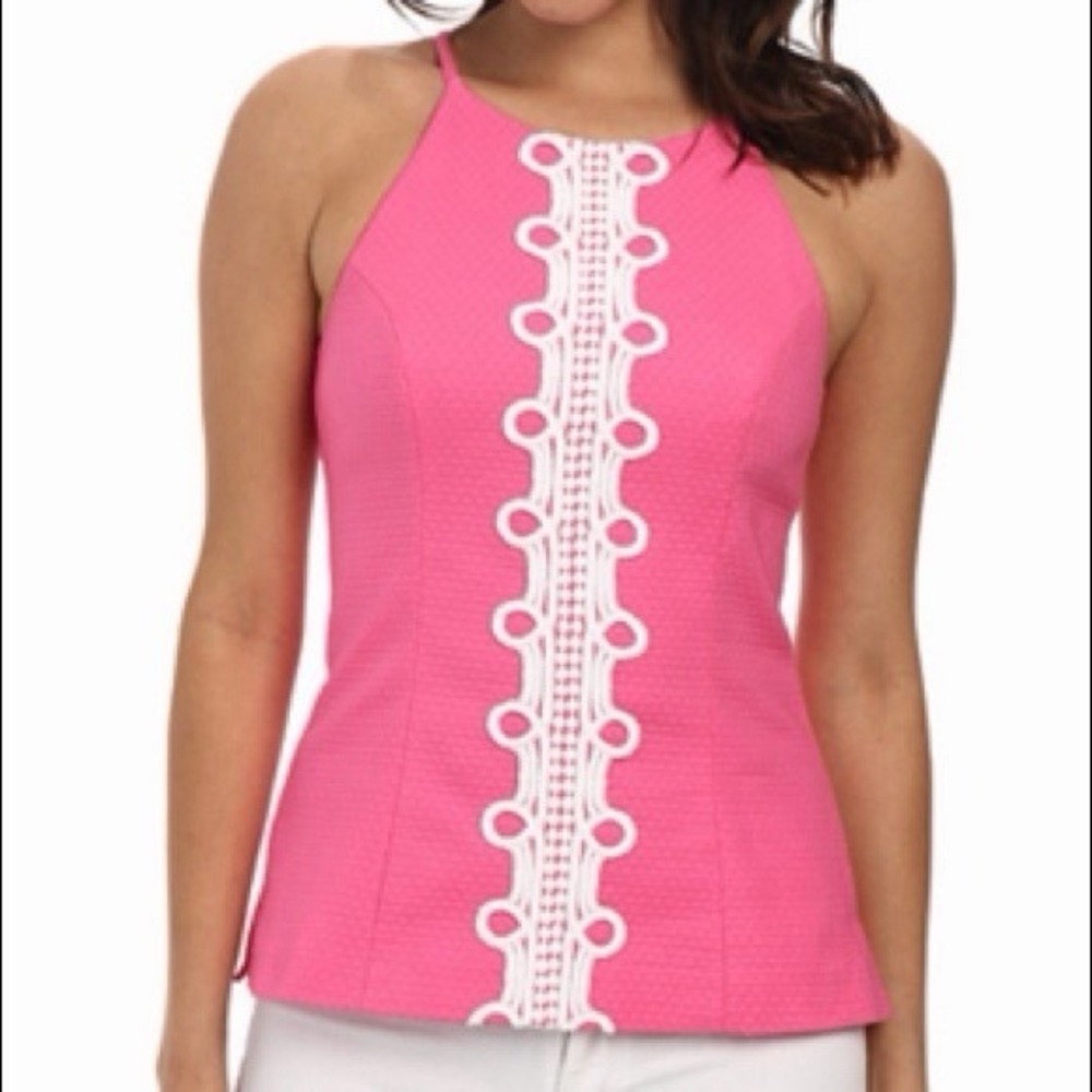 Lilly Pulitzer Top Halter Pink Seersucker Womens Size 12 Lace Annabelle Halter
